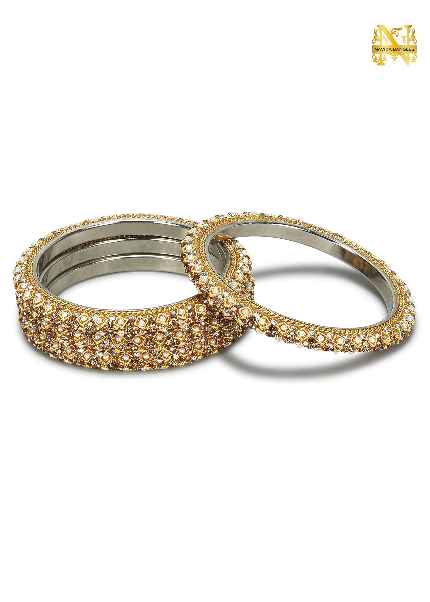 Metal Pearl Pacheli Bangles Set (4 Bangles) | NB-METAL-PEARL-PACHELI-4-BNGL | Navika Bangles
