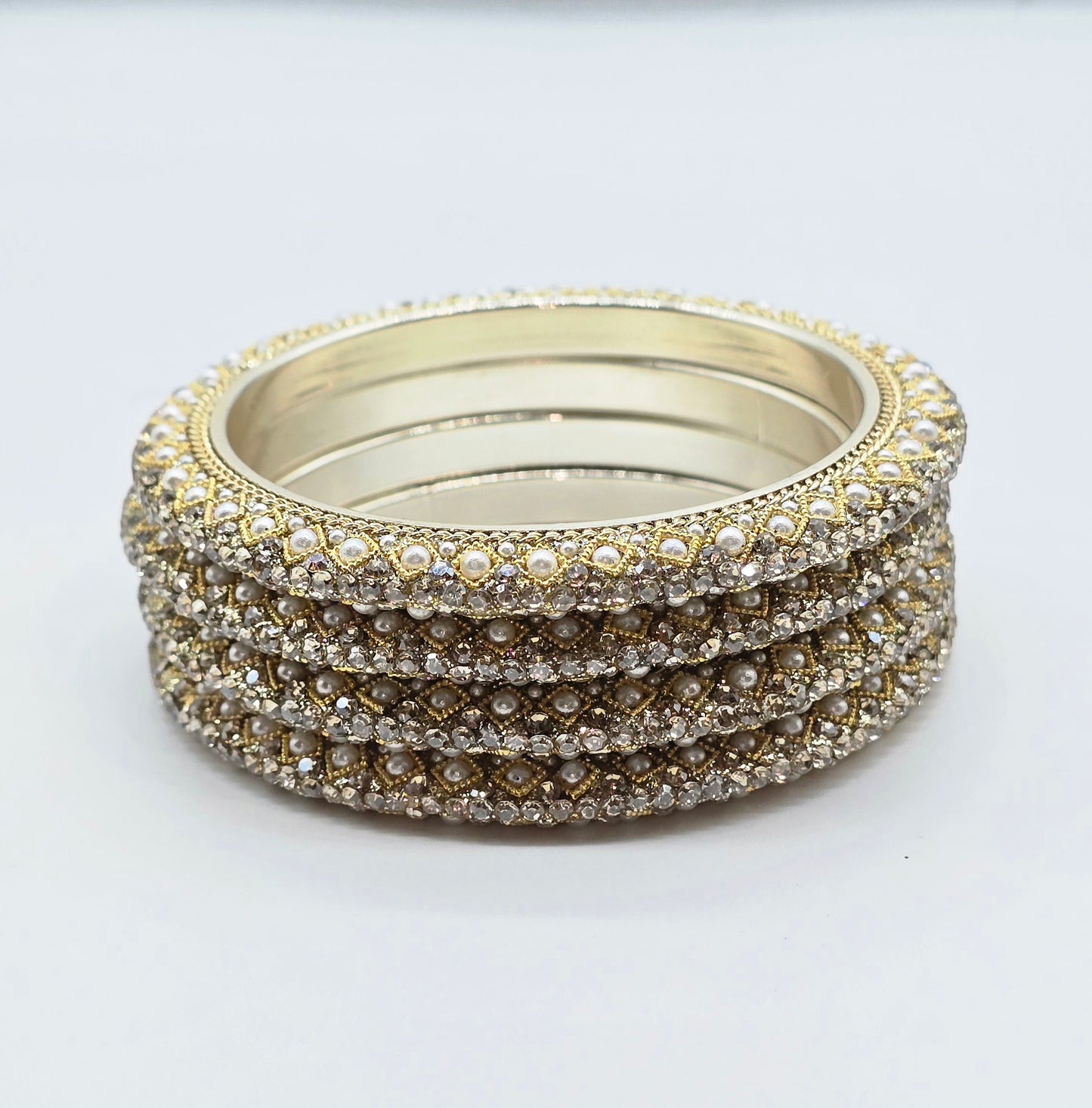 Navika Pearl Spark Pacheli Metal Bangles – 4 Pc Set | Elegant Pearl Stone Work