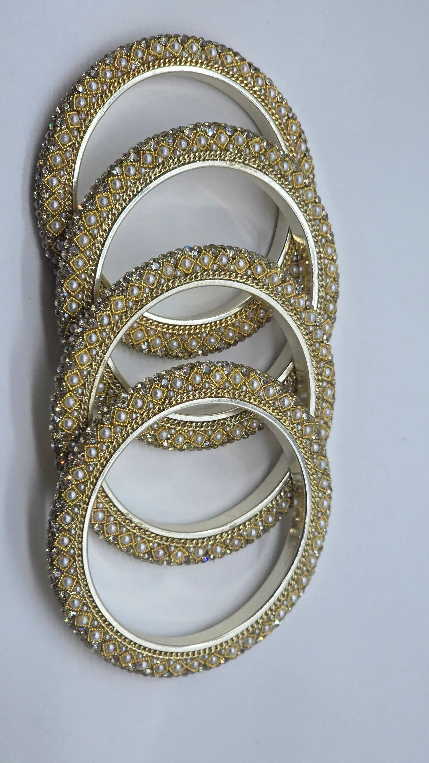 Navika Pearl Spark Pacheli Metal Bangles – 4 Pc Set | Elegant Pearl Stone Work