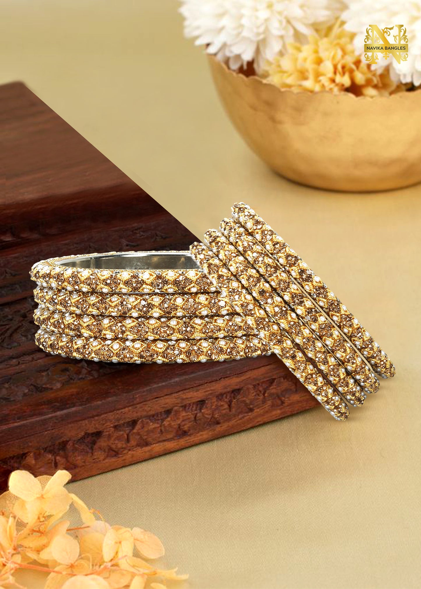 Metal Pearl Pacheli Bangles Set (4 Bangles) | NB-METAL-PEARL-PACHELI-4-BNGL | Navika Bangles
