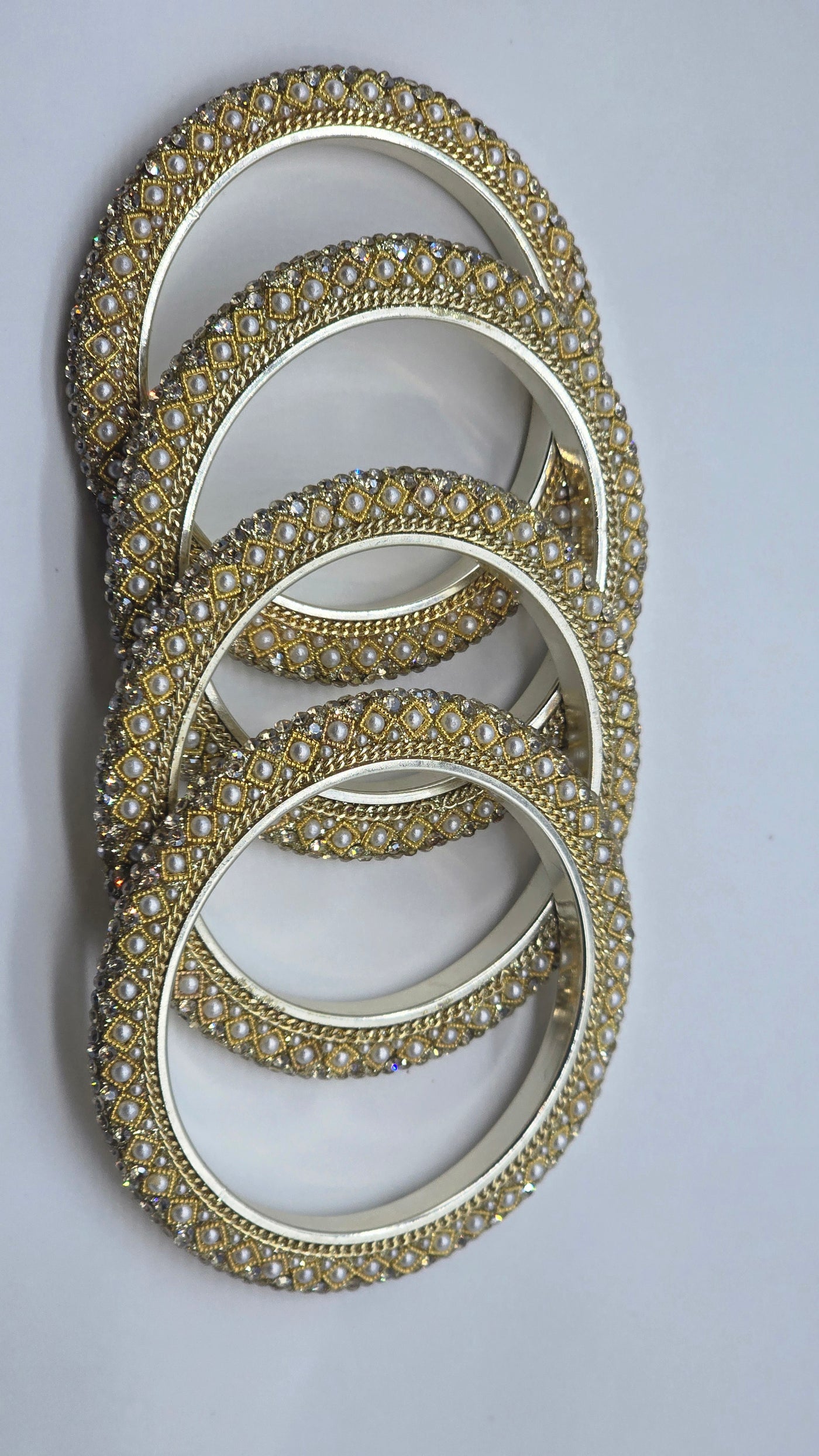 Navika Pearl Spark Pacheli Metal Bangles – 4 Pc Set | Elegant Pearl Stone Work